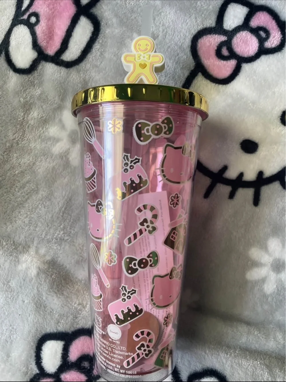 Hello Kitty Pink Double-Wall Tumbler with Gold Lid and Straw